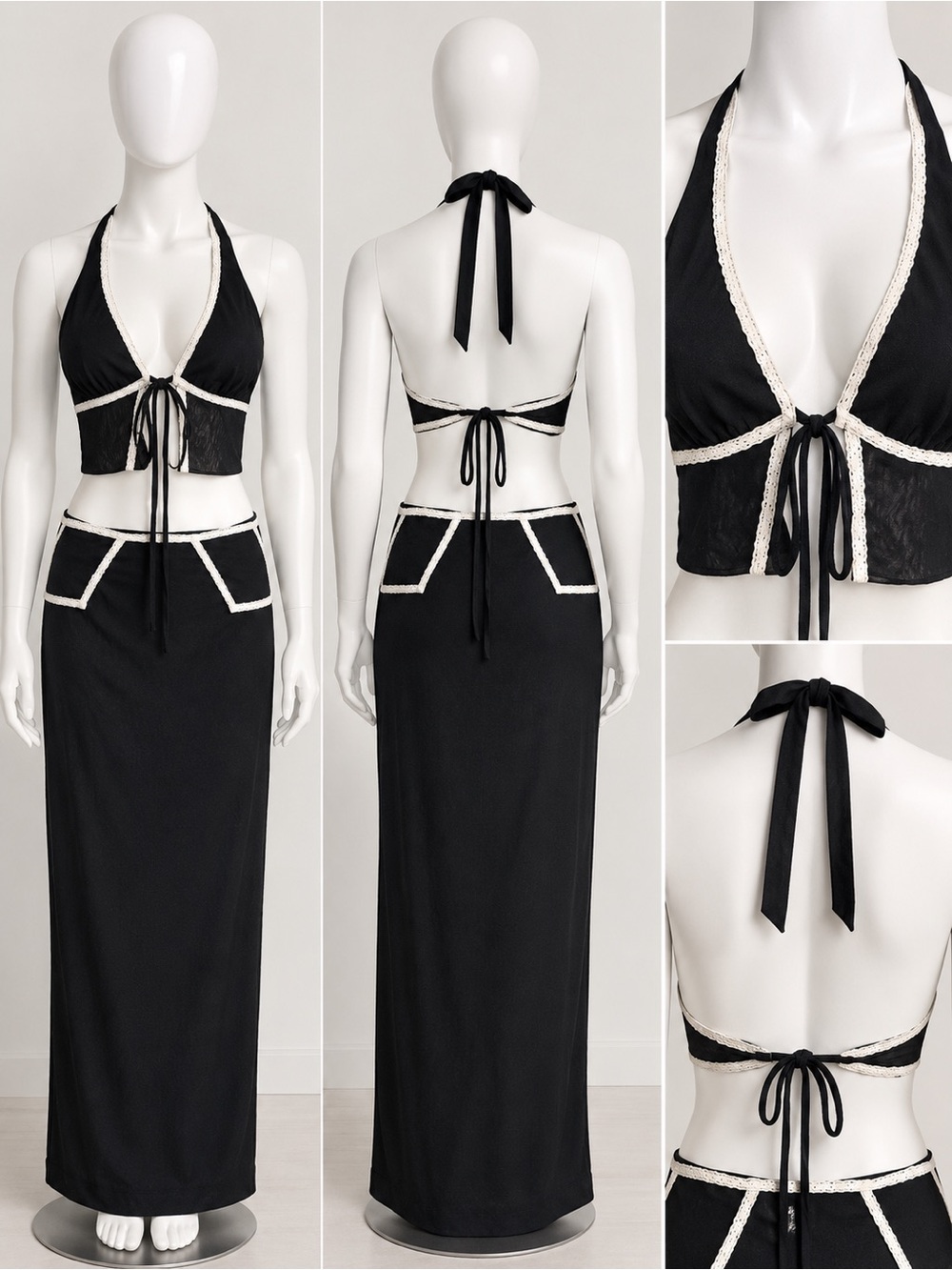 Forever 21 Black Halter Crop Top & Maxi Skirt Set with White Trim